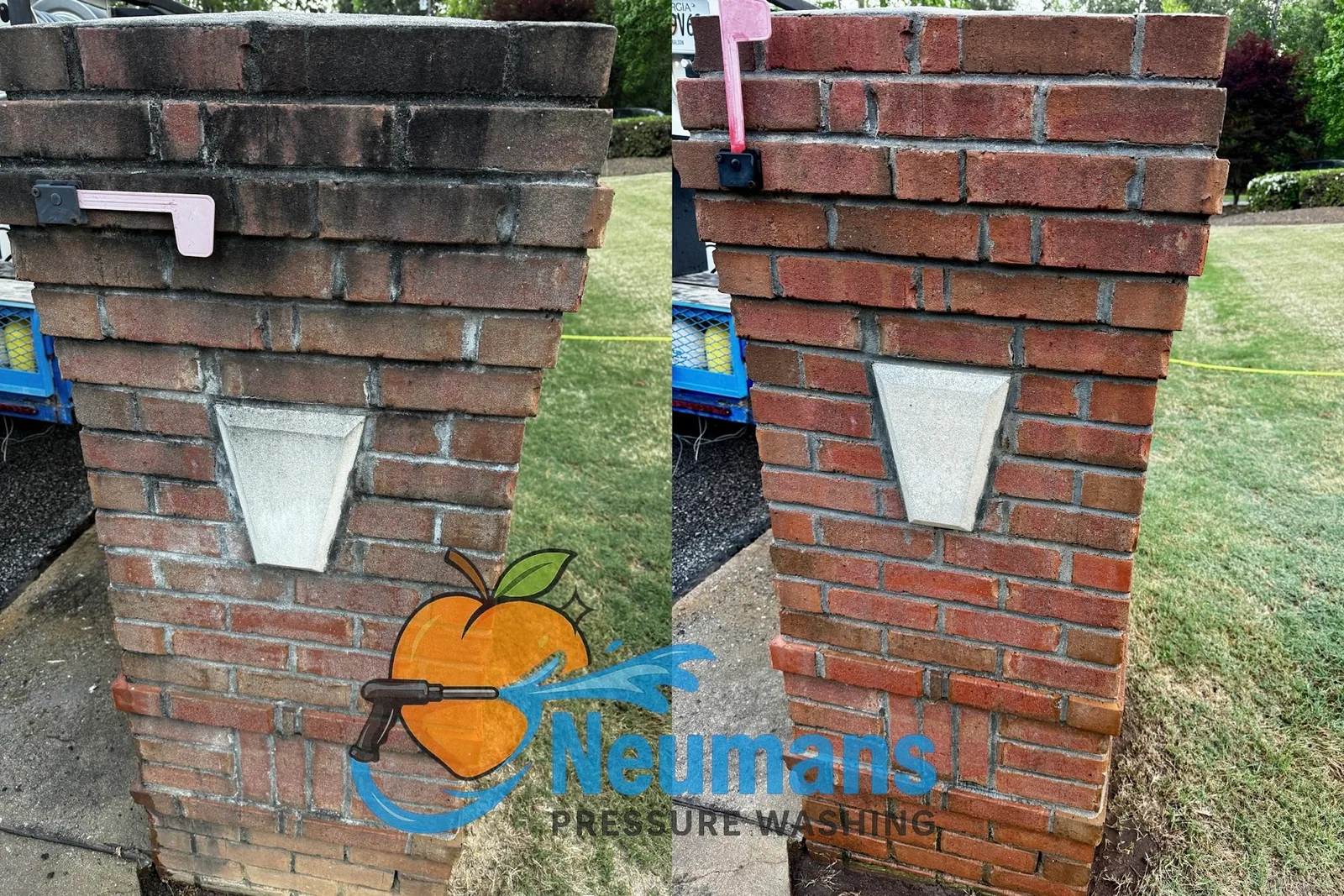 Before and after removing dark organic buildup from a brick mailbox
