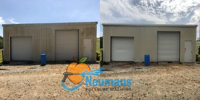 Before and after exterior washing of a commercial metal building