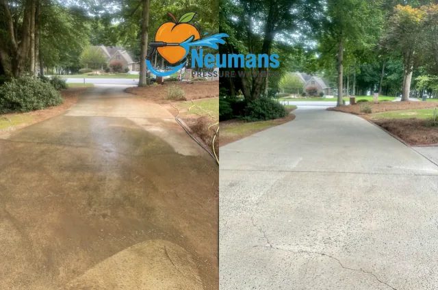 Curved residential driveway before and after pressure washing