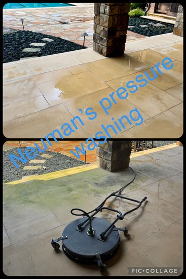 Before and after patio cleaning using a surface cleaner by Neuman’s Pressure Washing. Bowdon Ga