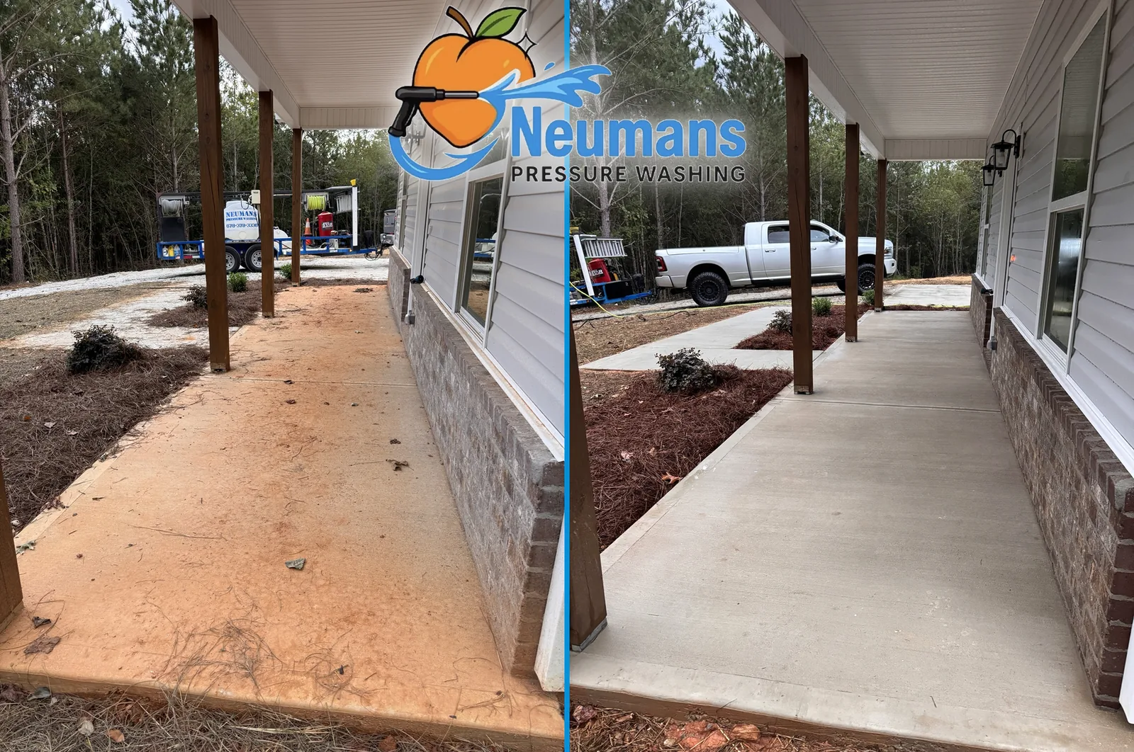 Covered concrete walkway before and after cleaning in Carrollton, GA.