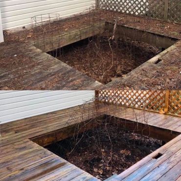 Before and after of a pressure-washed wood deck. Temple GA