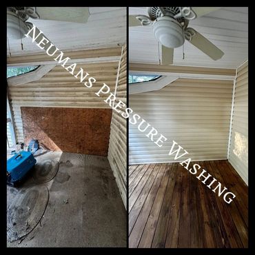 Dramatic results of professional pressure washing a deck. Villa Rica GA