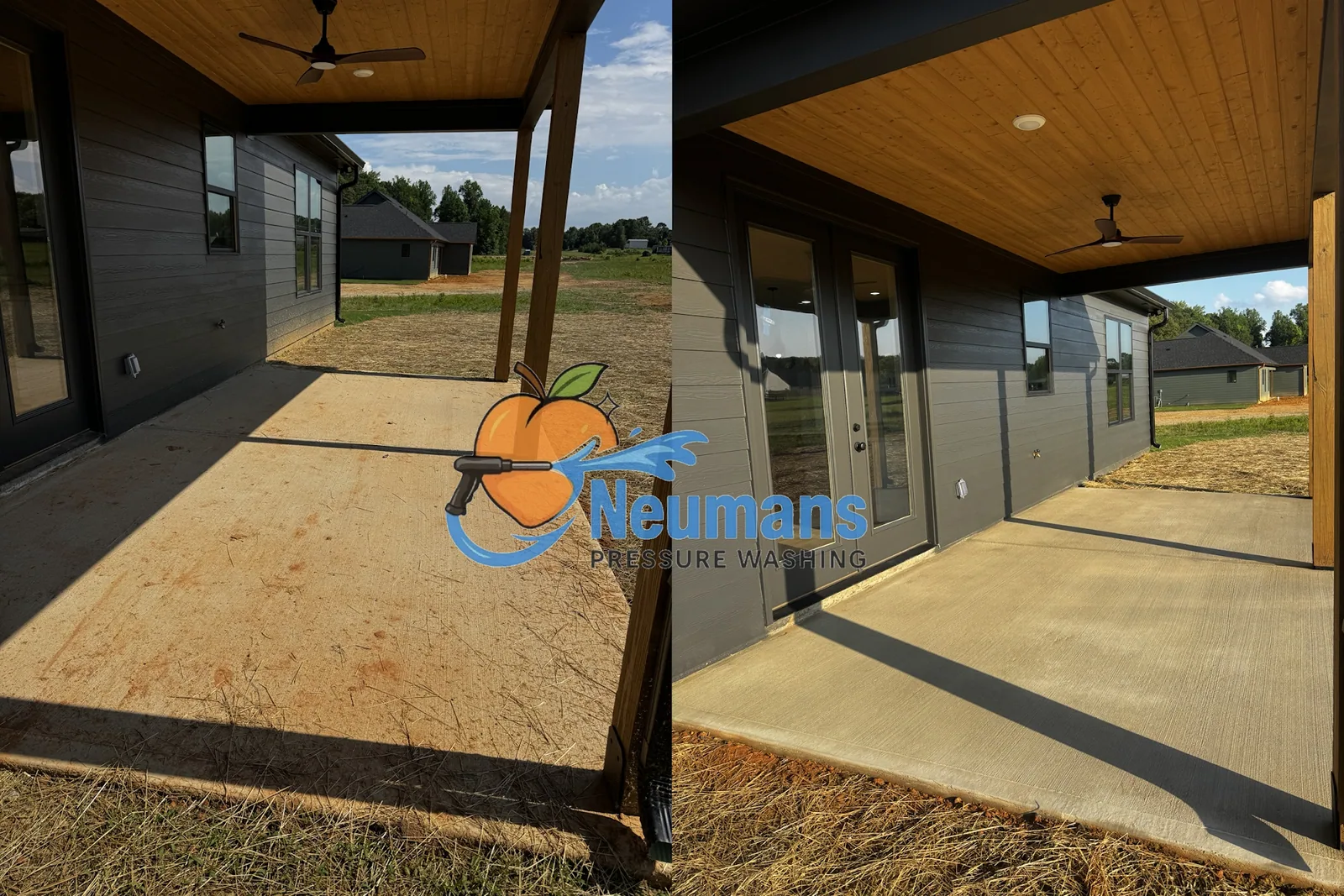 Before and after cleaning a covered concrete patio at a modern West Georgia home