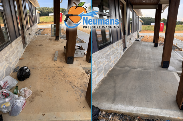 Post-construction porch cleanup before and after, photographed by Neuman’s Pressure Washing in Cedartown, Georgia
