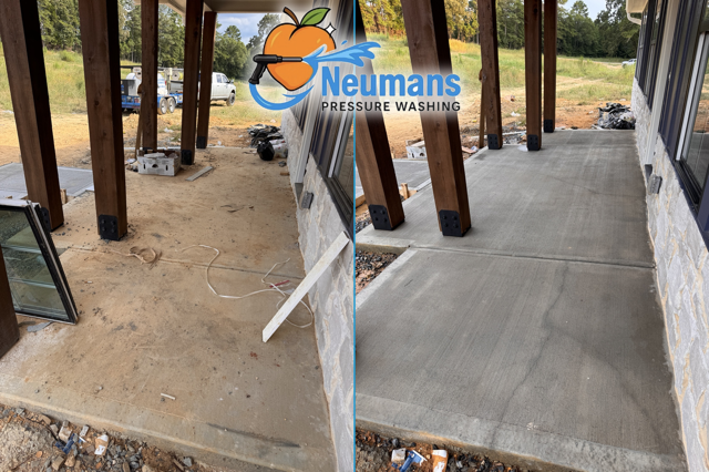 Covered concrete walkway beside a building under construction in Tallapoosa, Georgia.