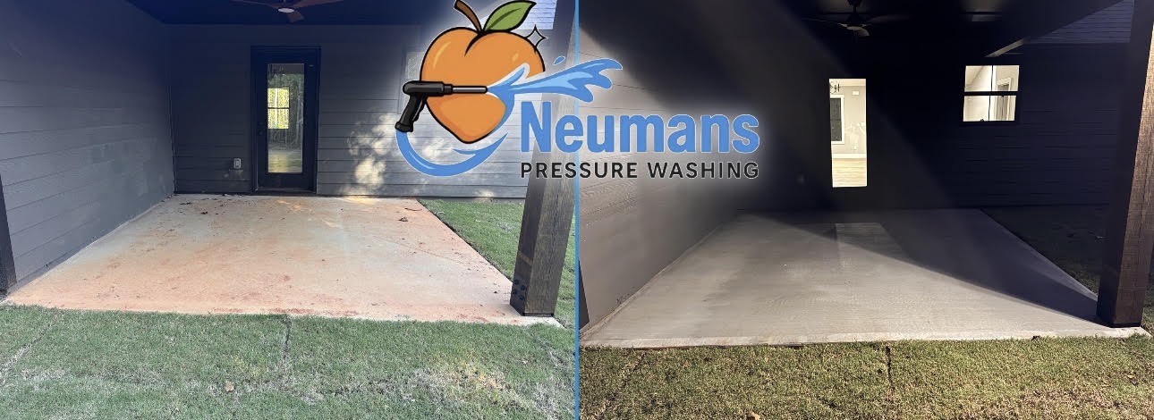 Covered concrete patio cleaning before and after, photographed by Neuman’s Pressure Washing in Villa Rica, Georgia