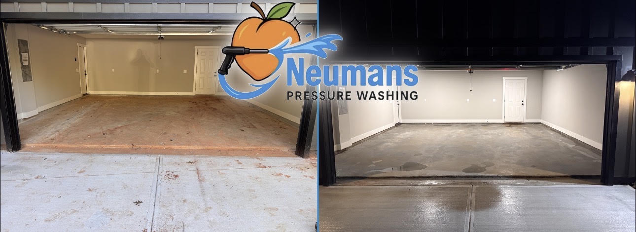 Garage and driveway cleanup before and after, photographed by Neuman’s Pressure Washing in Temple, Georgia