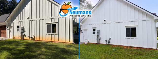 Red clay stain removal before and after, photographed by Neuman’s Pressure Washing in Bowdon, Georgia