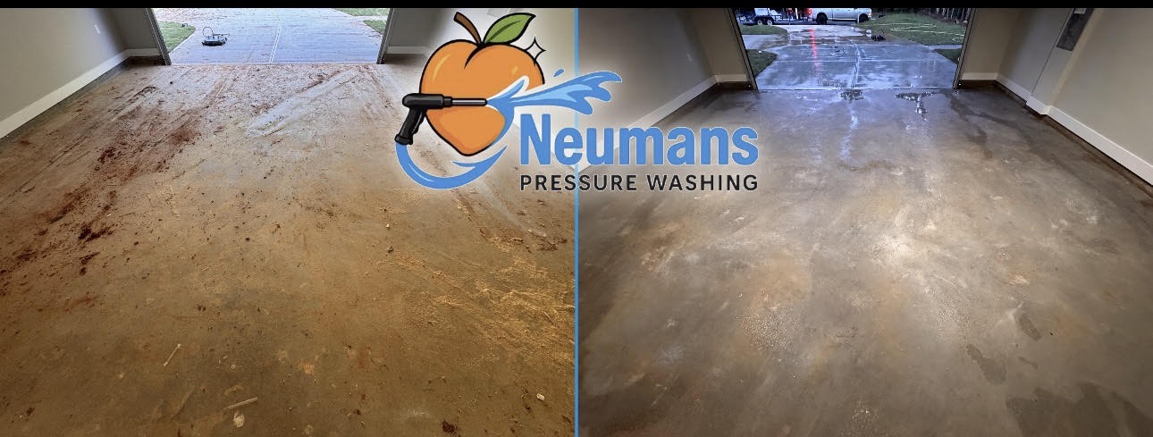Muddy garage floor before and after cleaning by Neuman's Pressure Washing in Temple, Georgia