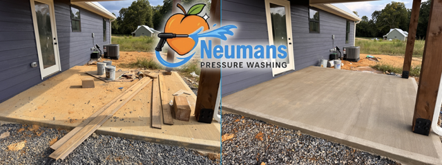 New concrete patio cleanup before and after, photographed by Neuman’s Pressure Washing in Felton, Georgia