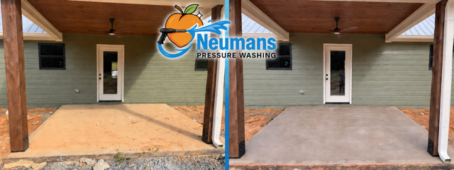 Red clay patio cleanup before and after, photographed by Neuman’s Pressure Washing in Cedartown, Georgia