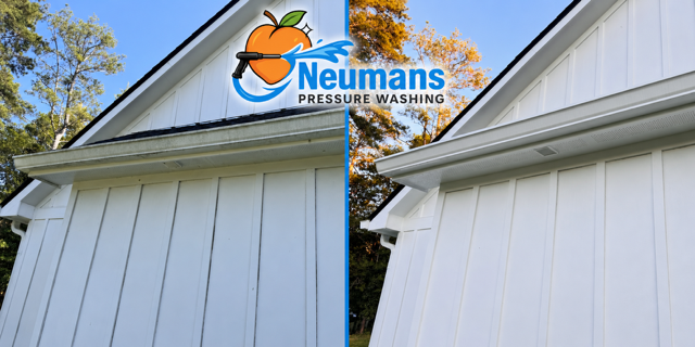 Siding and gutter exterior cleaning before and after, photographed by Neuman’s Pressure Washing in Carrollton, Georgia