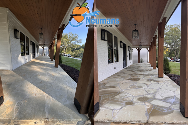 Stone porch cleaning before and after, photographed by Neuman’s Pressure Washing in Cartersville, Georgia