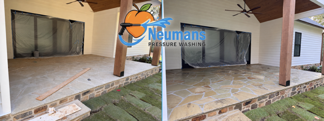 Post-construction stone patio cleaning before and after, photographed by Neuman’s Pressure Washing in Cartersville, Georgia