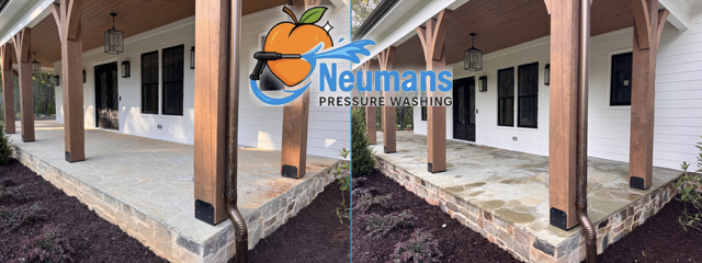 Stone porch and entry cleaning before and after, photographed by Neuman’s Pressure Washing in Cartersville, Georgia