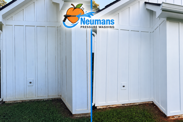 Exterior wall cleaning before and after, photographed by Neuman’s Pressure Washing in Roopville, Georgia