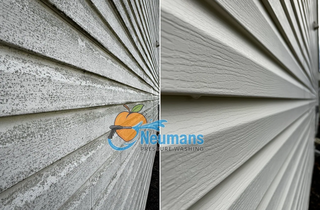Close-up before and after soft washing heavy organic growth from white vinyl siding