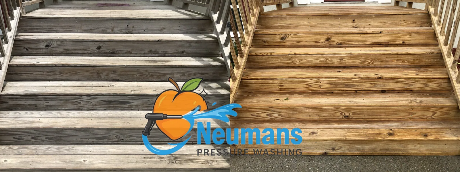 Before and after cleaning and brightening weathered wooden deck steps